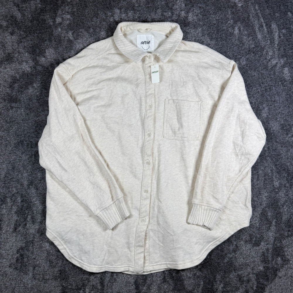 Aerie Real Good Cream Oversized French Terry Button Down Shirt Ribbed Trim M
